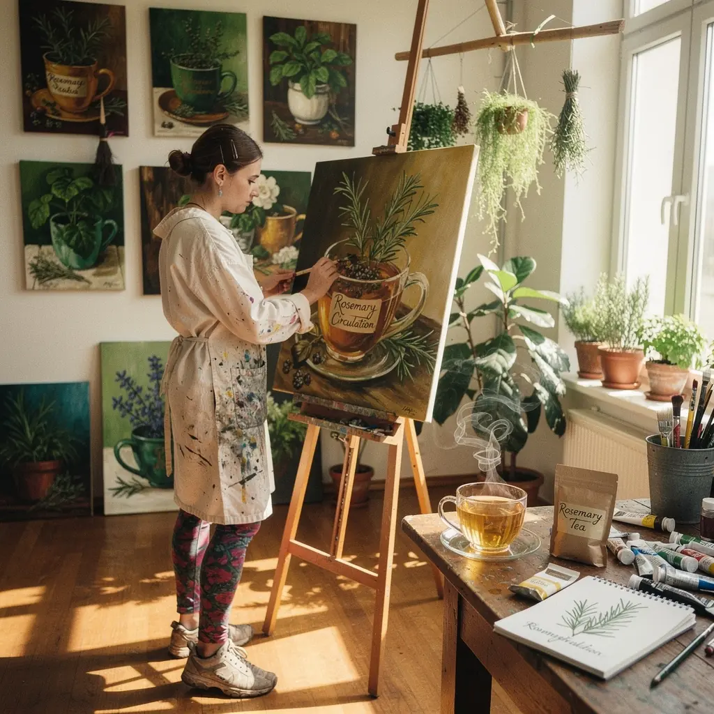 Švieži rozmarinai, naudojami arbatos mišinyje, puikiai atrodantys su lauko fone.