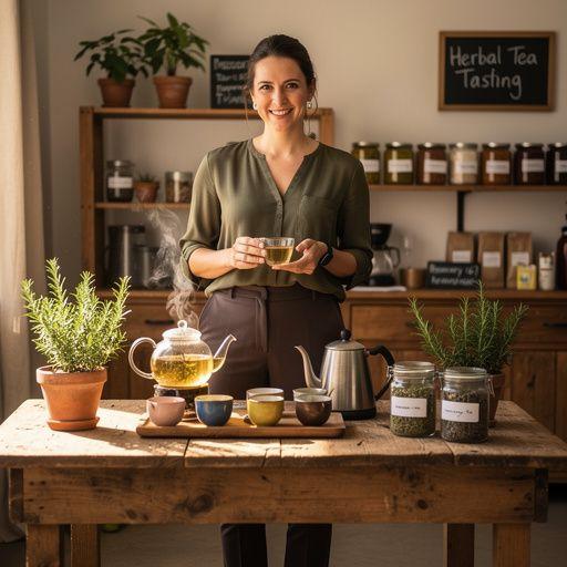 Puodelis arbatos su šviežiais rosmarino lapais ir citrinos griežinėliais.