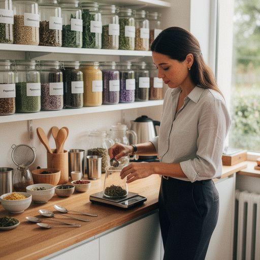 Rožinė žolelių arbata, patiekiama su šviežiais vaisiais.